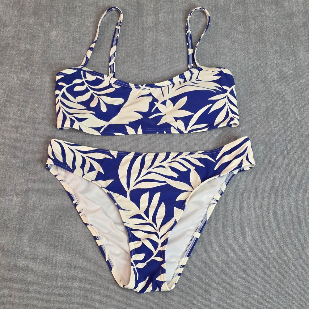Kate Spade Women Tropical Leaf Print Bralette Bikini Set Blue White Small Swom
